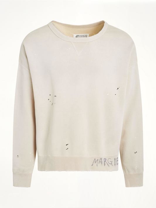Image of a model wearing Outerwear. Product name - Open Neck Logo Sweatshirt in White colour by brand - MAISON MARGIELA