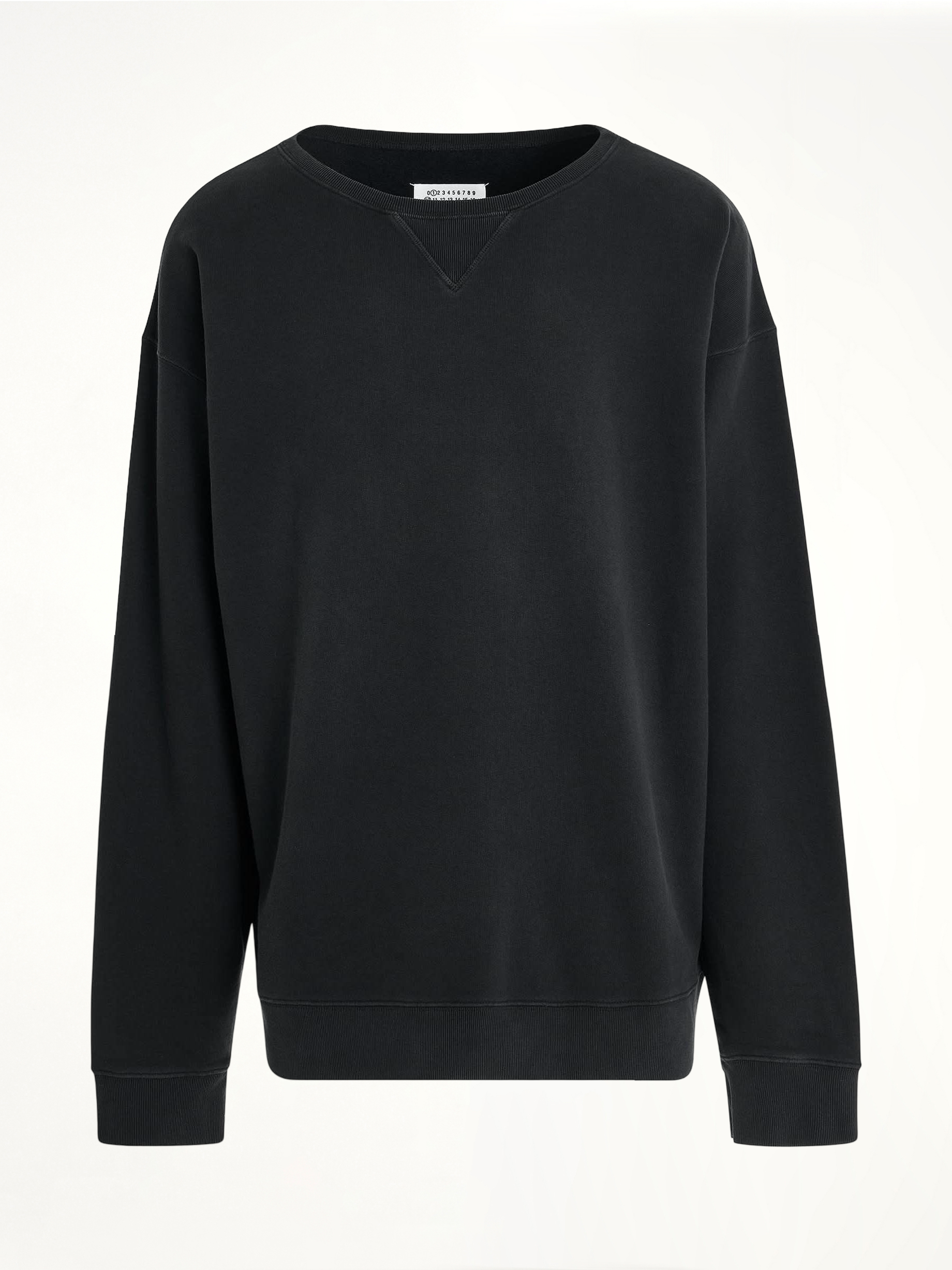 Image of a model wearing Outerwear. Productname: MAISON MARGIELA Open Neck Oversized Sweatshirt in BLACK colour by brand - MAISON MARGIELA