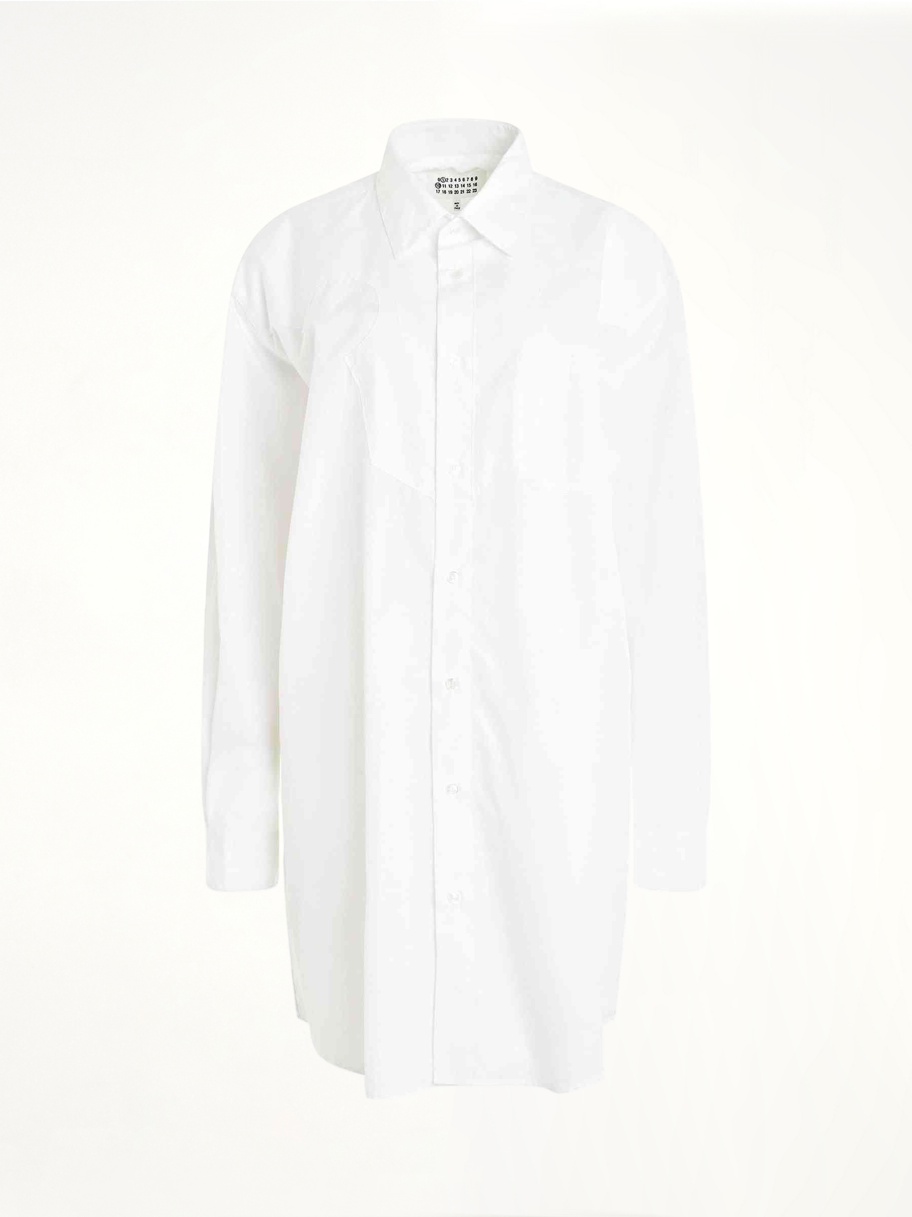Image of a model wearing Tops. Productname: MAISON MARGIELA Long Sleeve Cotton Poplin Shirt in WHITE colour by brand - MAISON MARGIELA