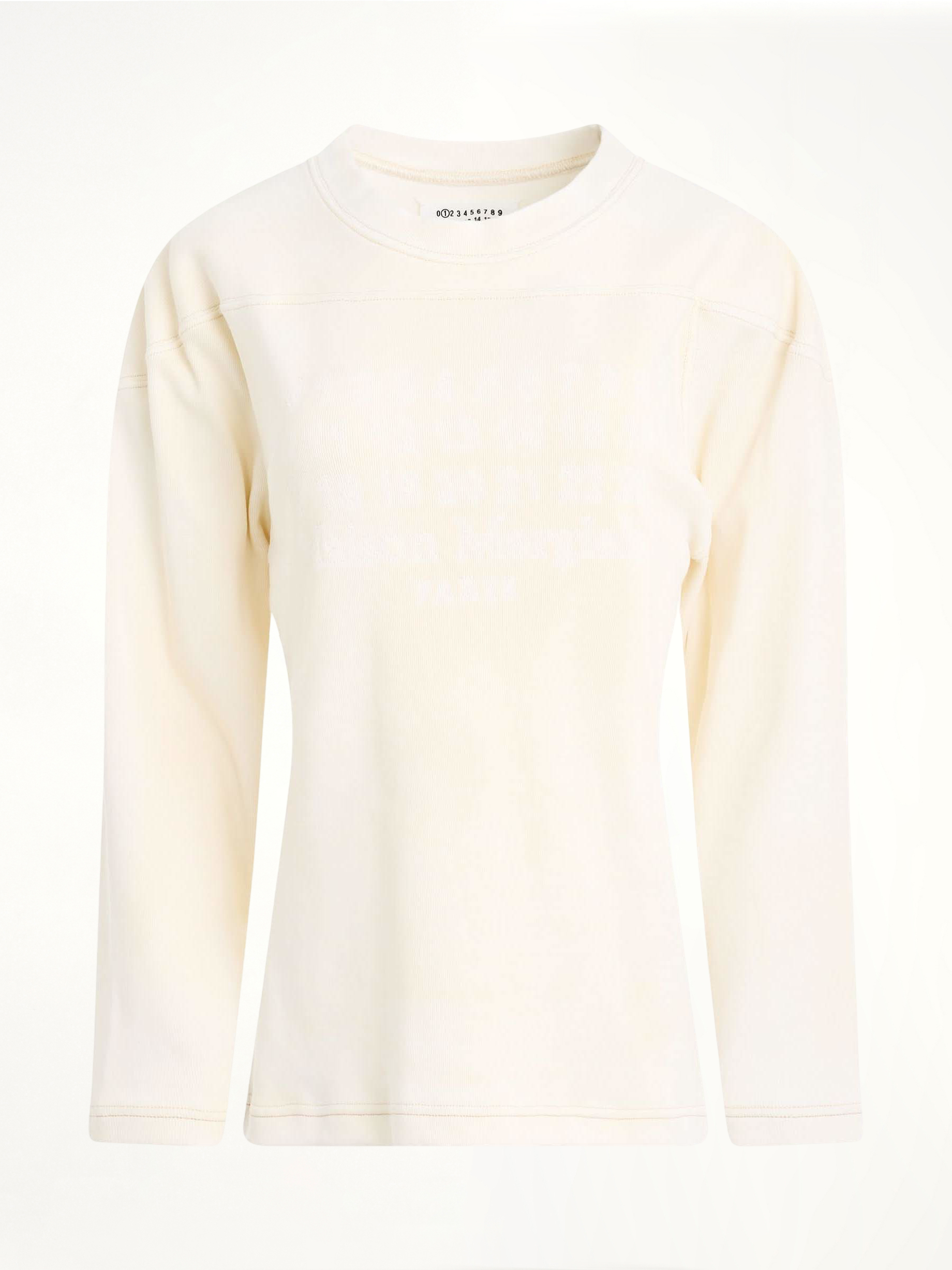 Image of a model wearing Outerwear. Productname: MAISON MARGIELA Rib Cotton Logo Sweatshirt in WHITE colour by brand - MAISON MARGIELA