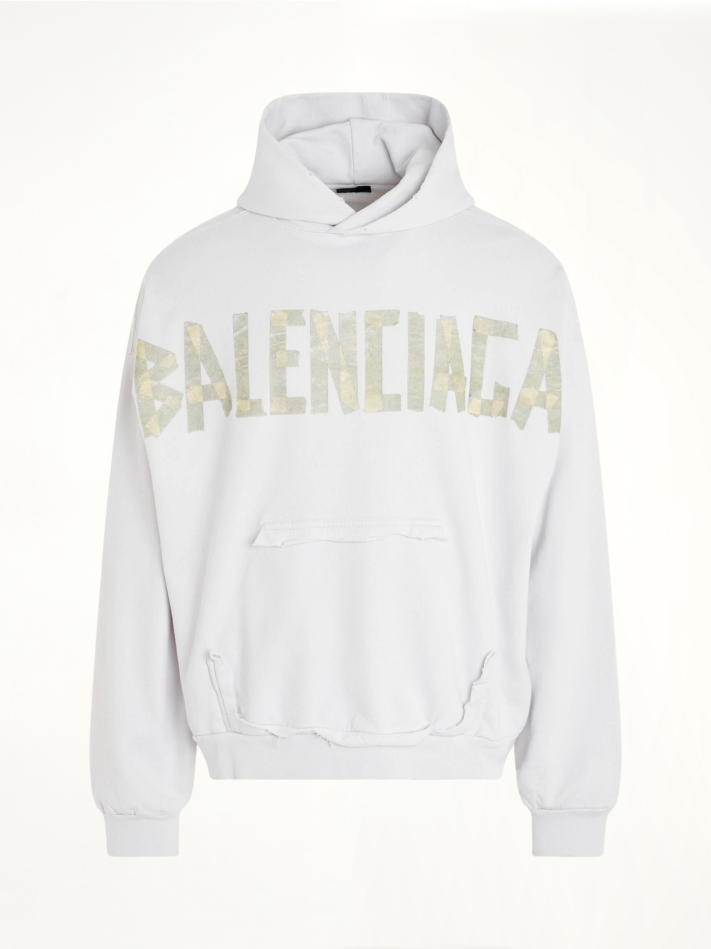 Image of a model wearing Outerwear. Productname: BALENCIAGA Tape Logo Ripped Pocket Hoodie in White colour by brand - BALENCIAGA