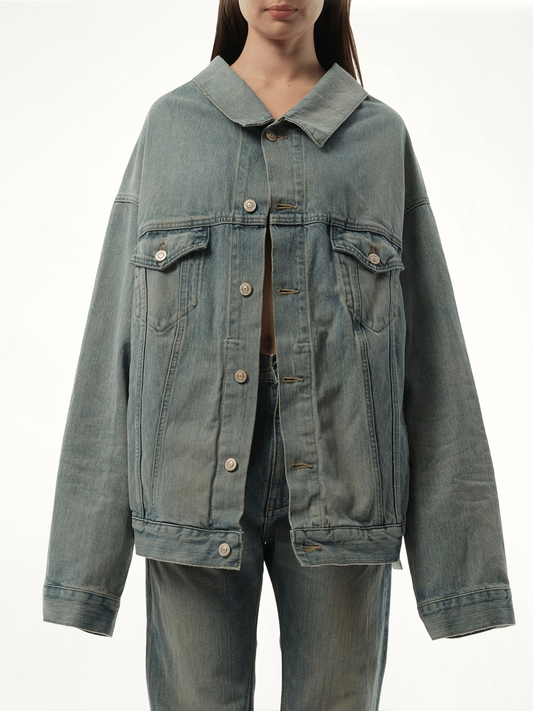 Image of Coats & Jackets. Productname: BALENCIAGA Off Shoulder Selvedge Denim Jacket in BLUE colour by brand - BALENCIAGA