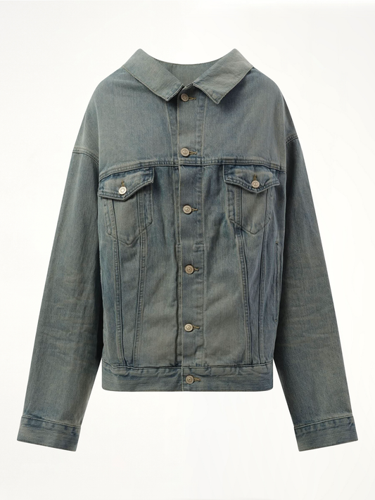 BALENCIAGA Off Shoulder Selvedge Denim Jacket (Blue)