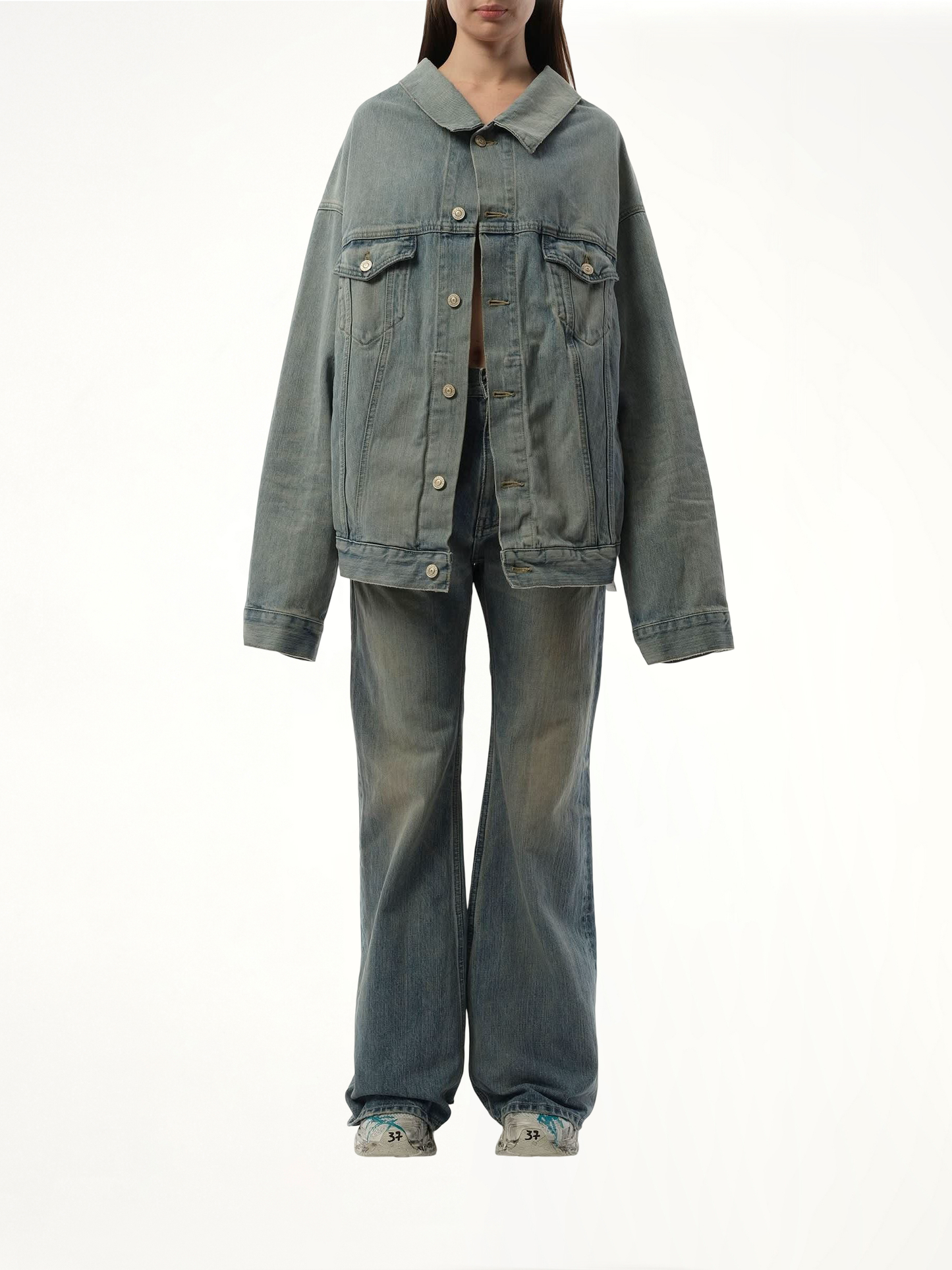BALENCIAGA Off Shoulder Selvedge Denim Jacket (Blue)