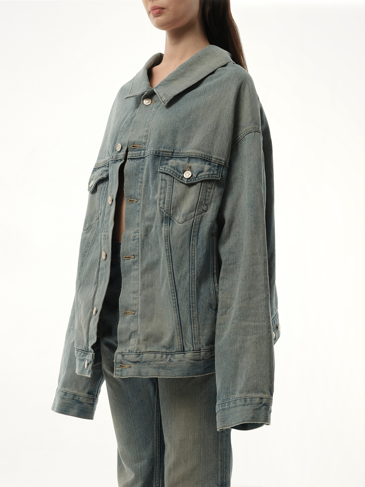 BALENCIAGA Off Shoulder Selvedge Denim Jacket (Blue)