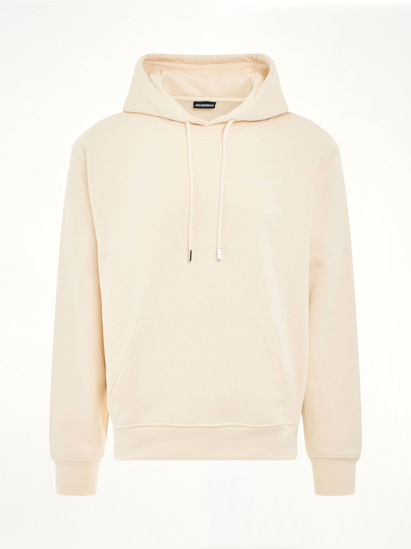 Image of a model wearing Outerwear. Productname: JACQUEMUS Brode Embroidered Logo Hoodie in BEIGE colour by brand - JACQUEMUS