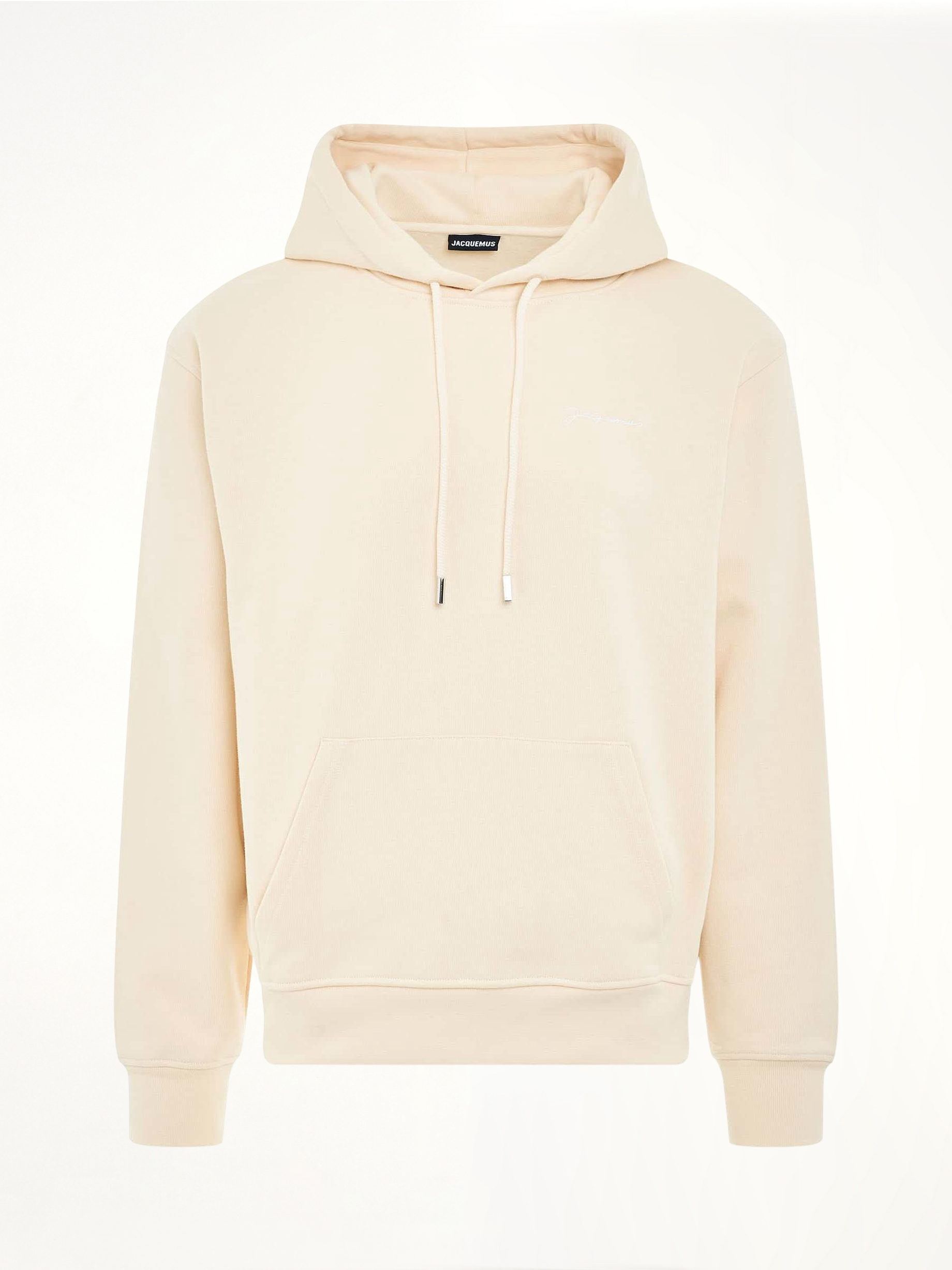 Image of a model wearing Outerwear. Productname: JACQUEMUS Brode Embroidered Logo Hoodie in BEIGE colour by brand - JACQUEMUS