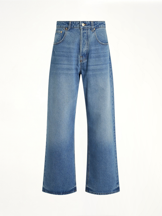 Image of a model wearing Denim. Productname: JACQUEMUS Le Denimes Large Jeans in BLUE colour by brand - JACQUEMUS