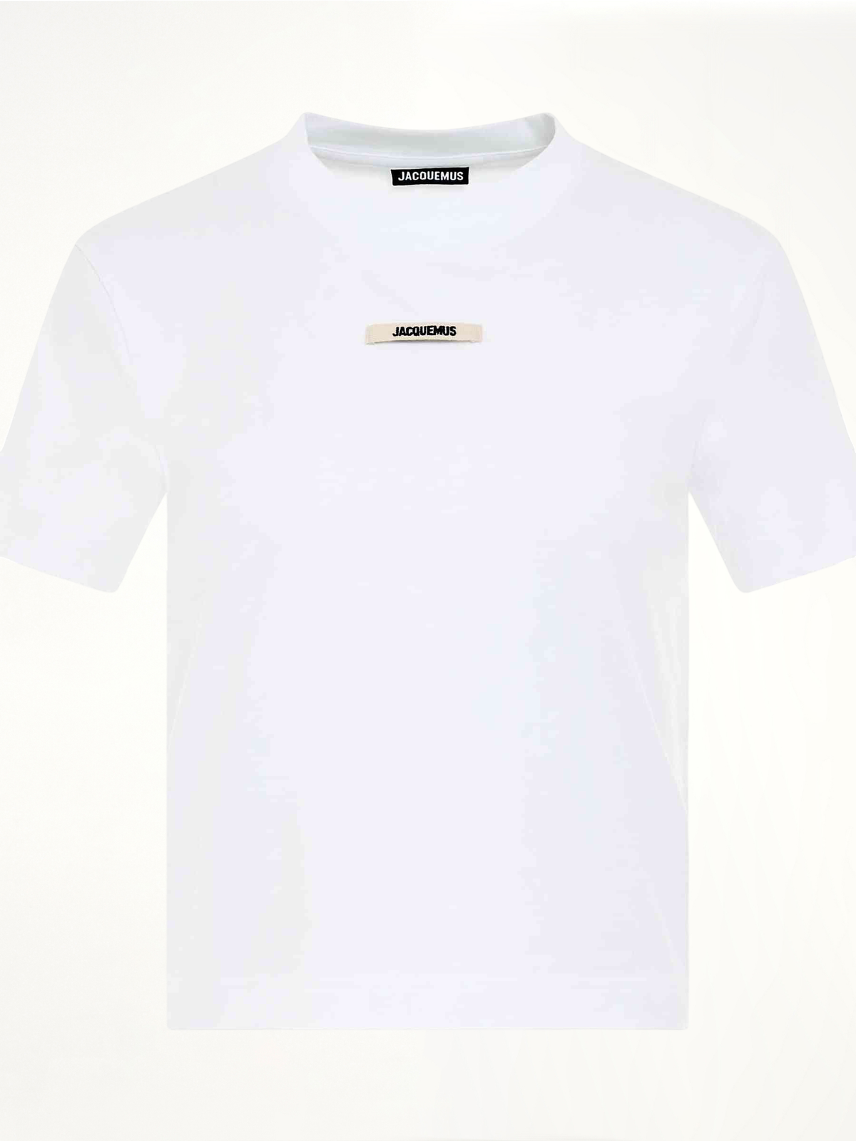 Image of a model wearing Tops. Productname: JACQUEMUS Gros Grain Logo T-Shirt in WHITE colour by brand - JACQUEMUS
