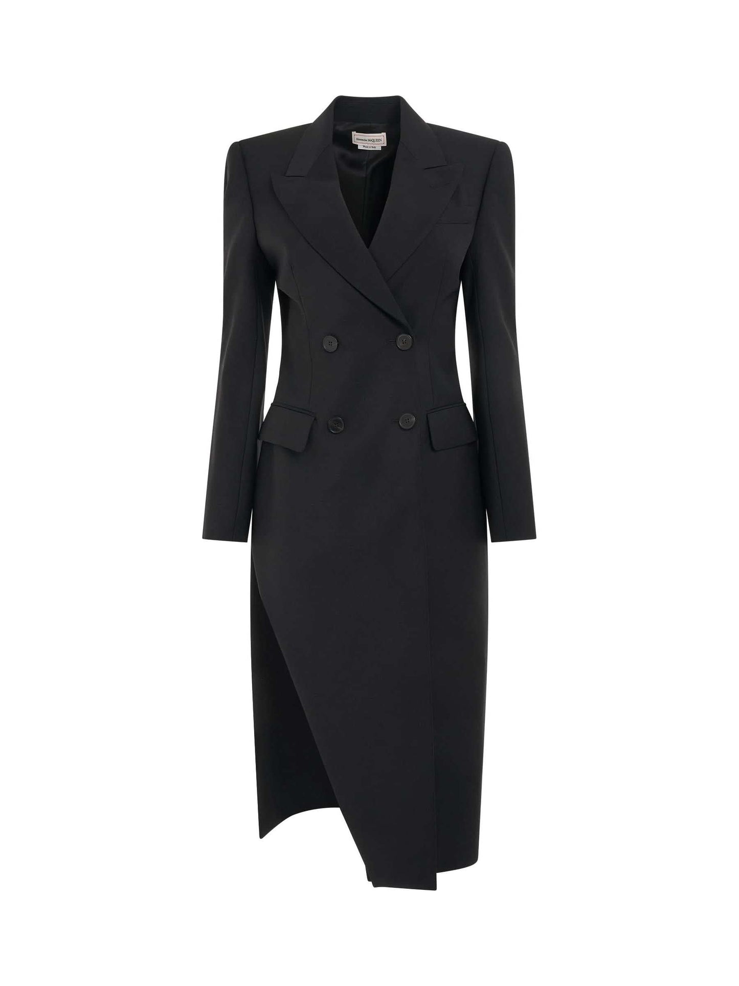 Image of a model wearing Outerwear. Productname: ALEXANDER MCQUEEN Double Breasted Slit Detail Coat in Black colour by brand - ALEXANDER MCQUEEN