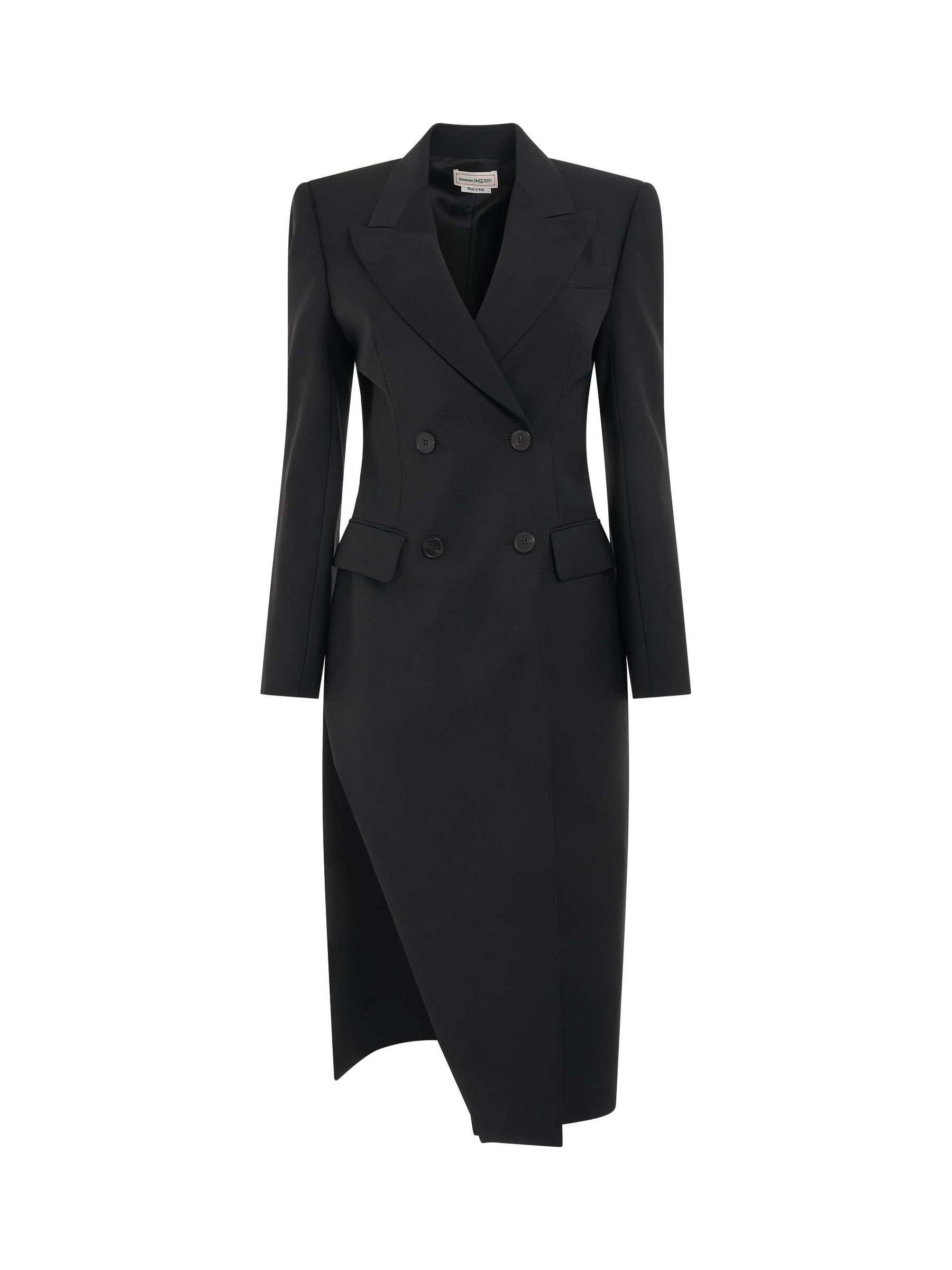 Image of a model wearing Outerwear. Productname: ALEXANDER MCQUEEN Double Breasted Slit Detail Coat in Black colour by brand - ALEXANDER MCQUEEN