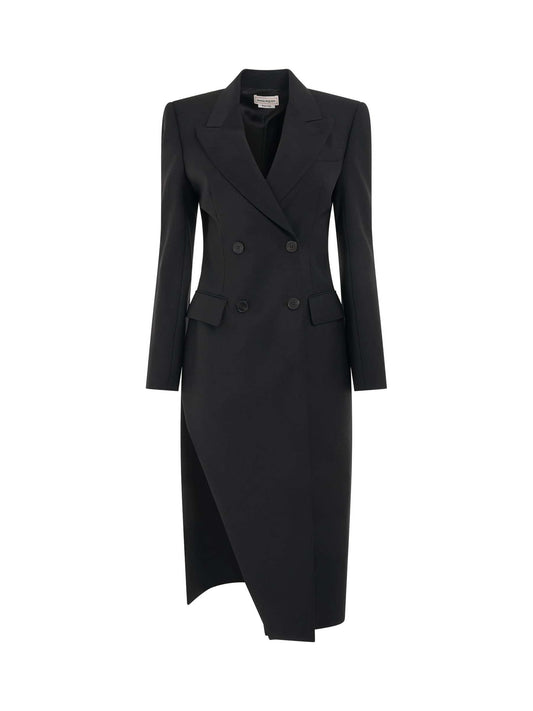 Image of a model wearing Outerwear. Productname: ALEXANDER MCQUEEN Double Breasted Slit Detail Coat in Black colour by brand - ALEXANDER MCQUEEN
