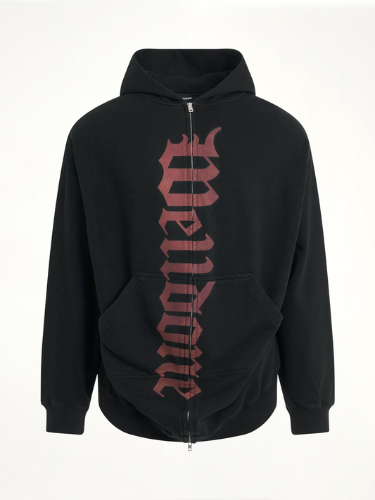 Image of a model wearing Outerwear. Productname: WE11DONE Flare Zip-Up Hoodie in Black colour by brand - WE11DONE