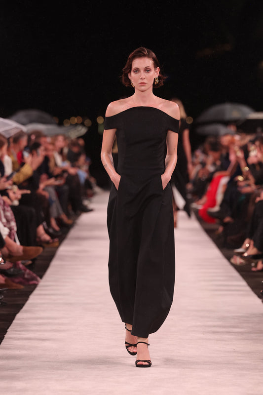 Image of Dresses. Product name - Black Double Wool Stretch Sculpted Off Shoulder Dress in Black colour by brand - Carla Zampatti
