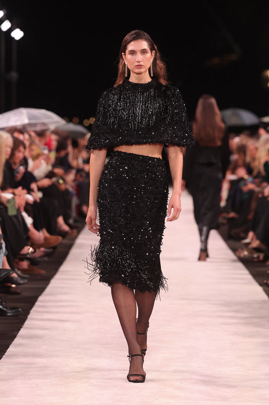 Image of Capes. Product name - Black Fringe Sequin Lace Cape in Black colour by brand - Carla Zampatti