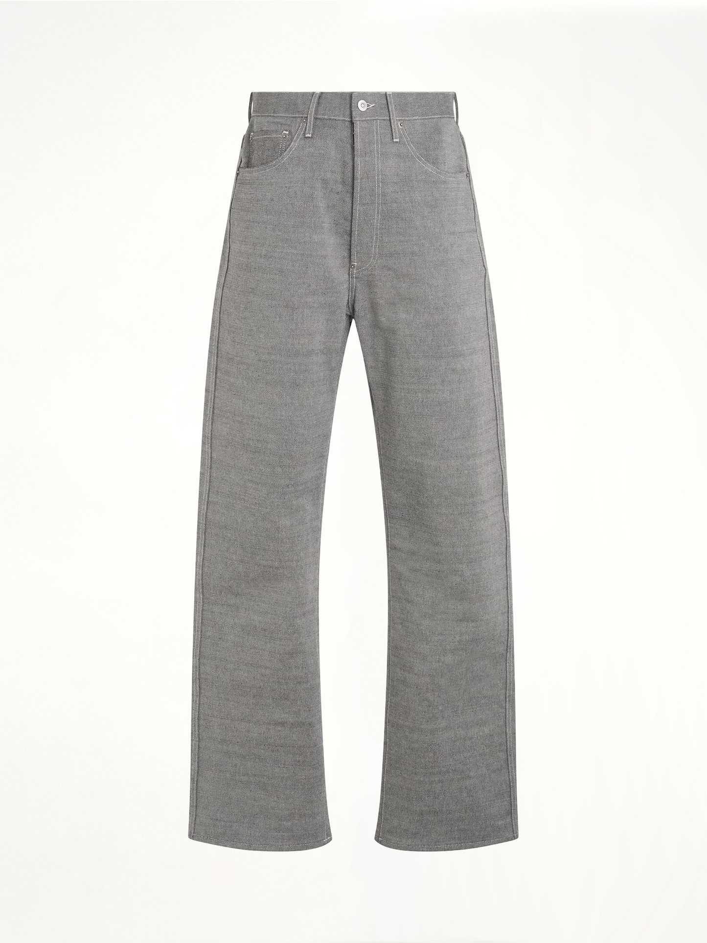 Image of a model wearing Denim. Productname: MAISON MARGIELA Broken Twill 5 Pocket Pants in GREY colour by brand - MAISON MARGIELA