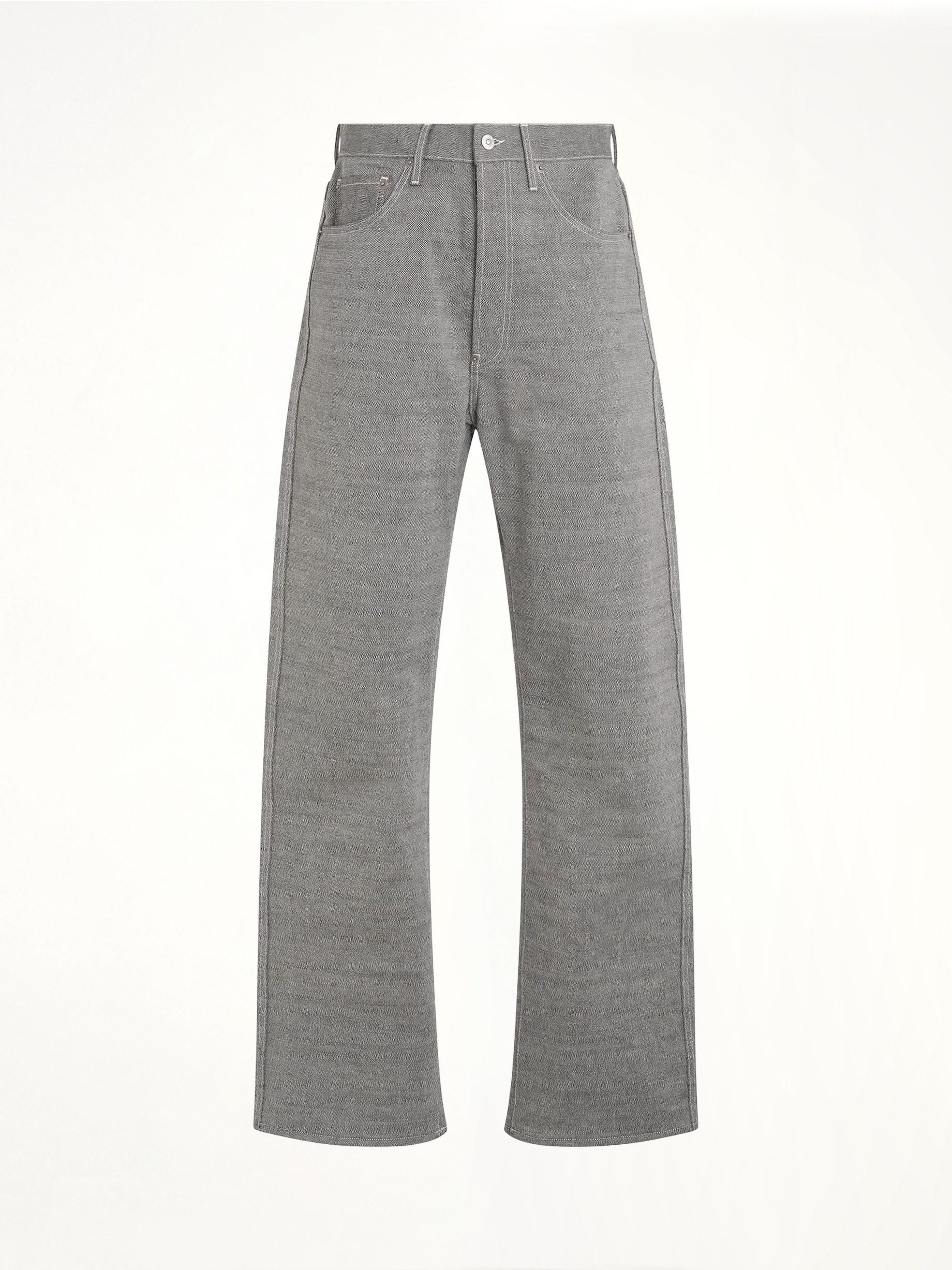 Image of a model wearing Denim. Productname: MAISON MARGIELA Broken Twill 5 Pocket Pants in GREY colour by brand - MAISON MARGIELA
