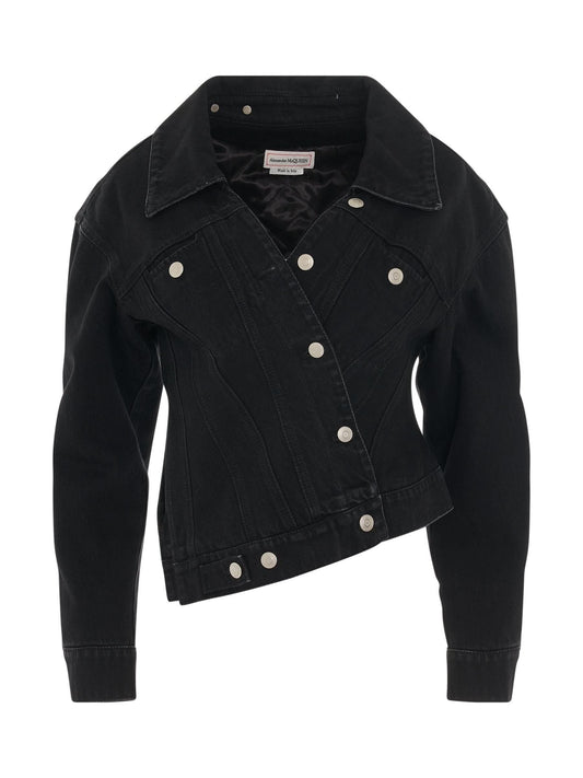 Image of a model wearing Denim. Productname: ALEXANDER MCQUEEN Twisted Asymmetric Denim Jacket in Black colour by brand - ALEXANDER MCQUEEN