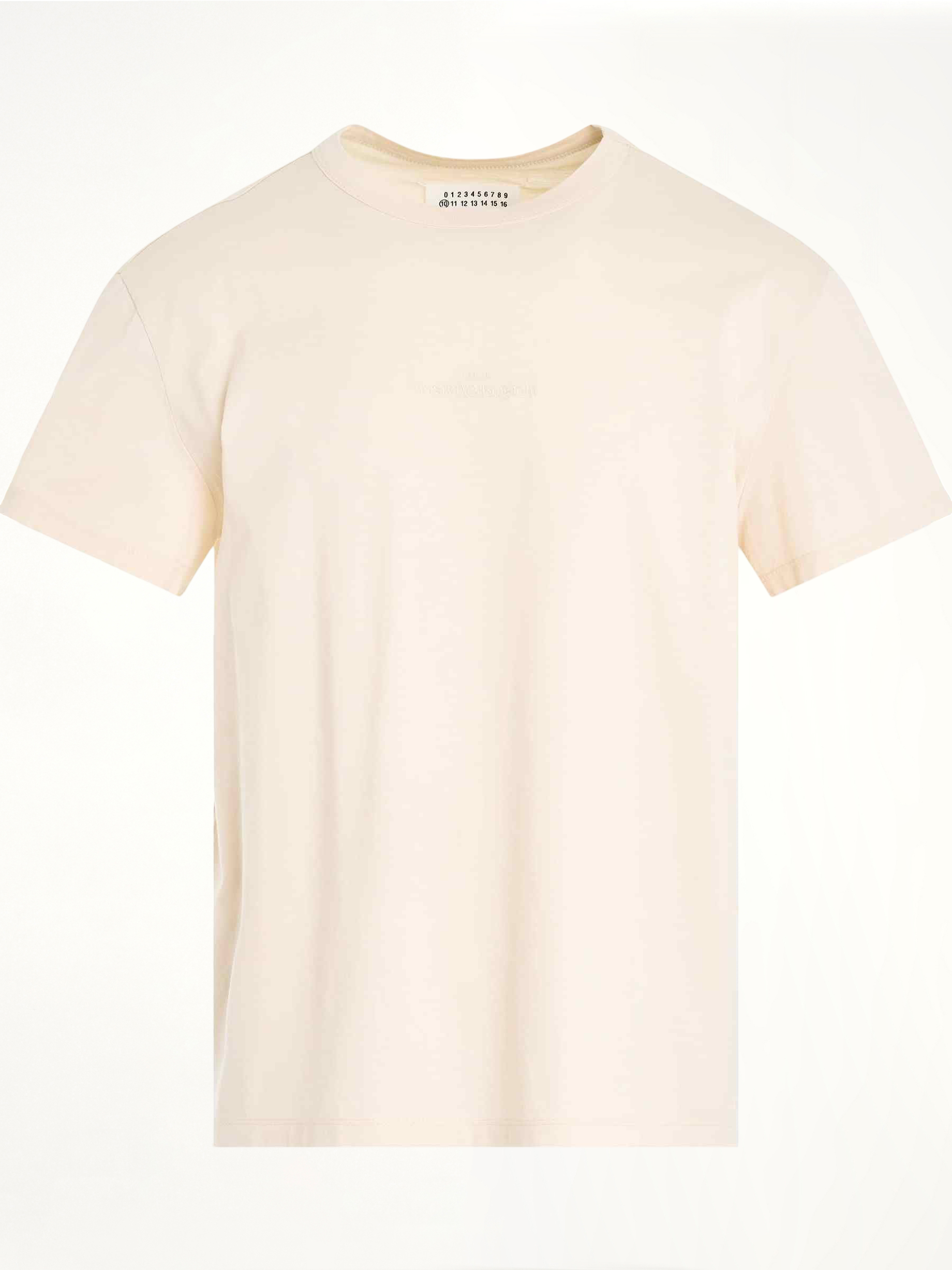Image of a model wearing Tops. Productname: MAISON MARGIELA Upside Down Logo T-Shirt in Beige colour by brand - MAISON MARGIELA