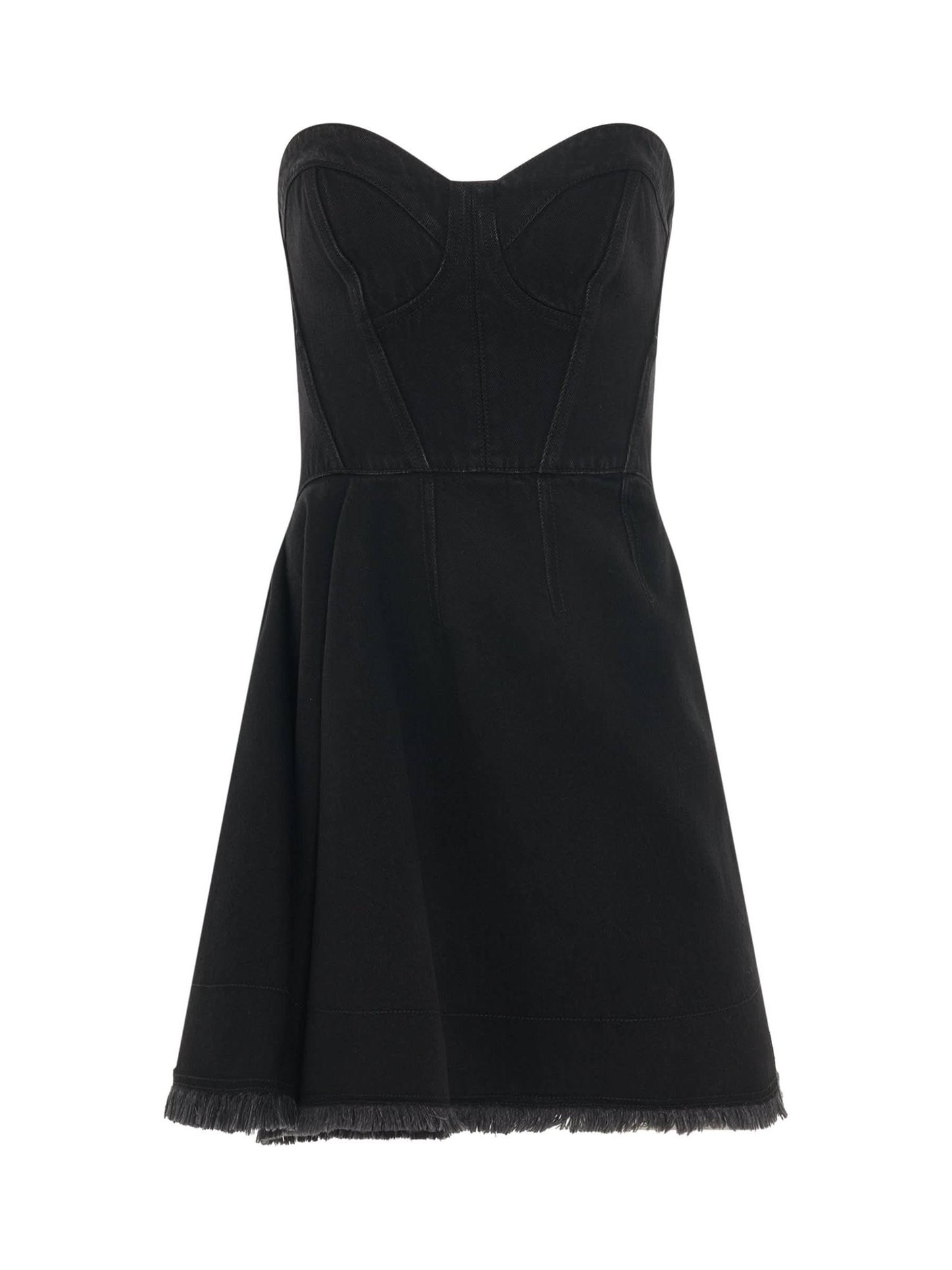 Image of a model wearing Denim. Productname: ALEXANDER MCQUEEN Mini Bustier Denim Dress in Black colour by brand - ALEXANDER MCQUEEN