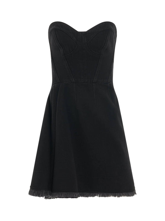 Image of a model wearing Denim. Productname: ALEXANDER MCQUEEN Mini Bustier Denim Dress in Black colour by brand - ALEXANDER MCQUEEN
