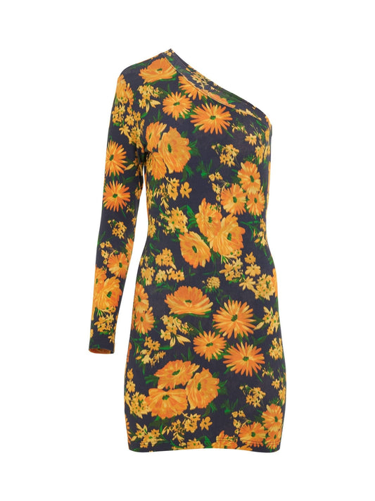 Image of a model wearing Dress. Productname: BALENCIAGA Asymmetric Mini Dress in Yellow Navy colour by brand - BALENCIAGA