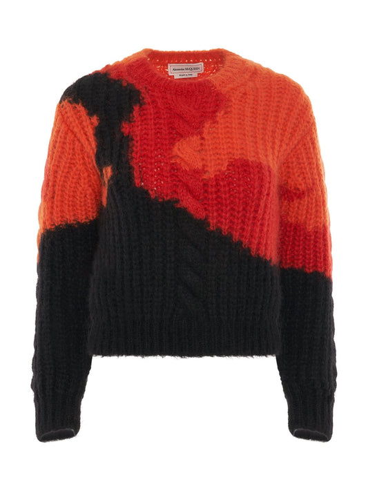 Image of a model wearing Outerwear. Productname: ALEXANDER MCQUEEN Multicolour Mohair Crewneck Sweater in Multicolor colour by brand - ALEXANDER MCQUEEN