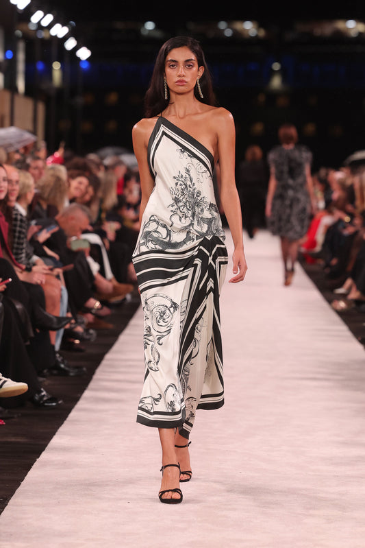 Image of Dresses. Product name - Rococo Silk Twill Asymmetrical Scarf Gown in White colour by brand - Carla Zampatti