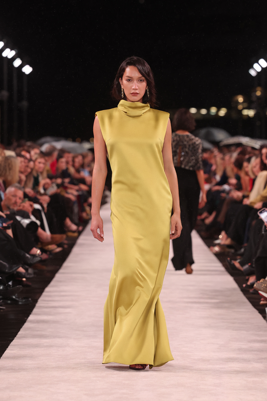 Image of Dresses. Product name - Pear Lustre Satin High Neck Gown in Gold colour by brand - Carla Zampatti