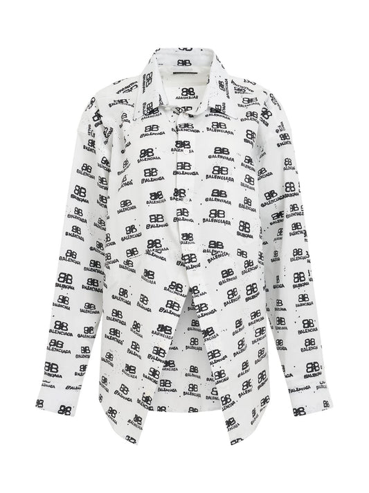 Image of a model wearing Tops. Productname: BALENCIAGA Hand Drawn BB Icon Swing Shirt in White Black colour by brand - BALENCIAGA