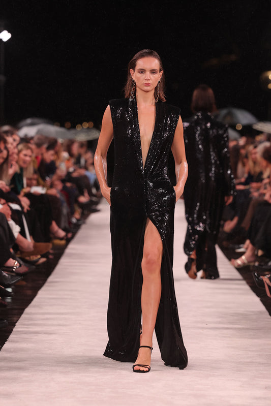 Image of Coats & Jackets. Product name - Black Liquid Seqiun Long Line Vest in Black colour by brand - Carla Zampatti
