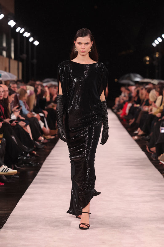 Image of Dresses. Product name - Black Liquid Sequin Low Back Gown in Black colour by brand - Carla Zampatti