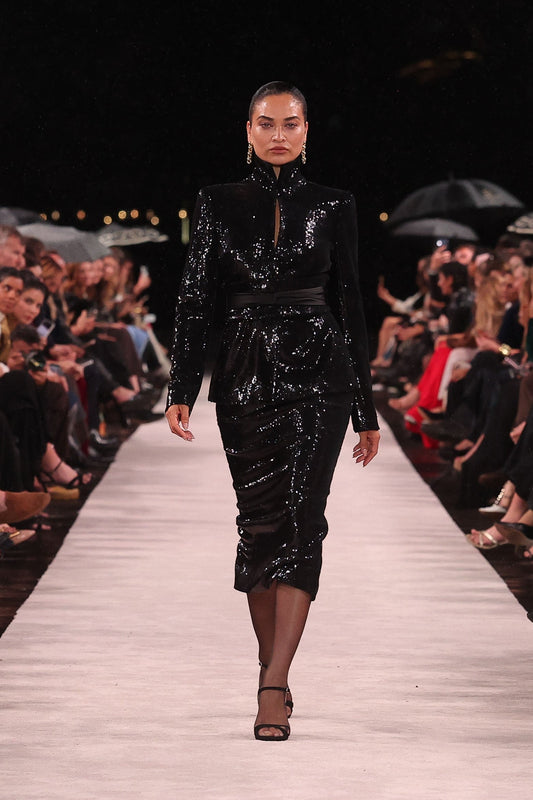 Image of Coats & Jackets. Product name - Black Liquid Sequin Fitted Double Breasted Jacket in Black colour by brand - Carla Zampatti