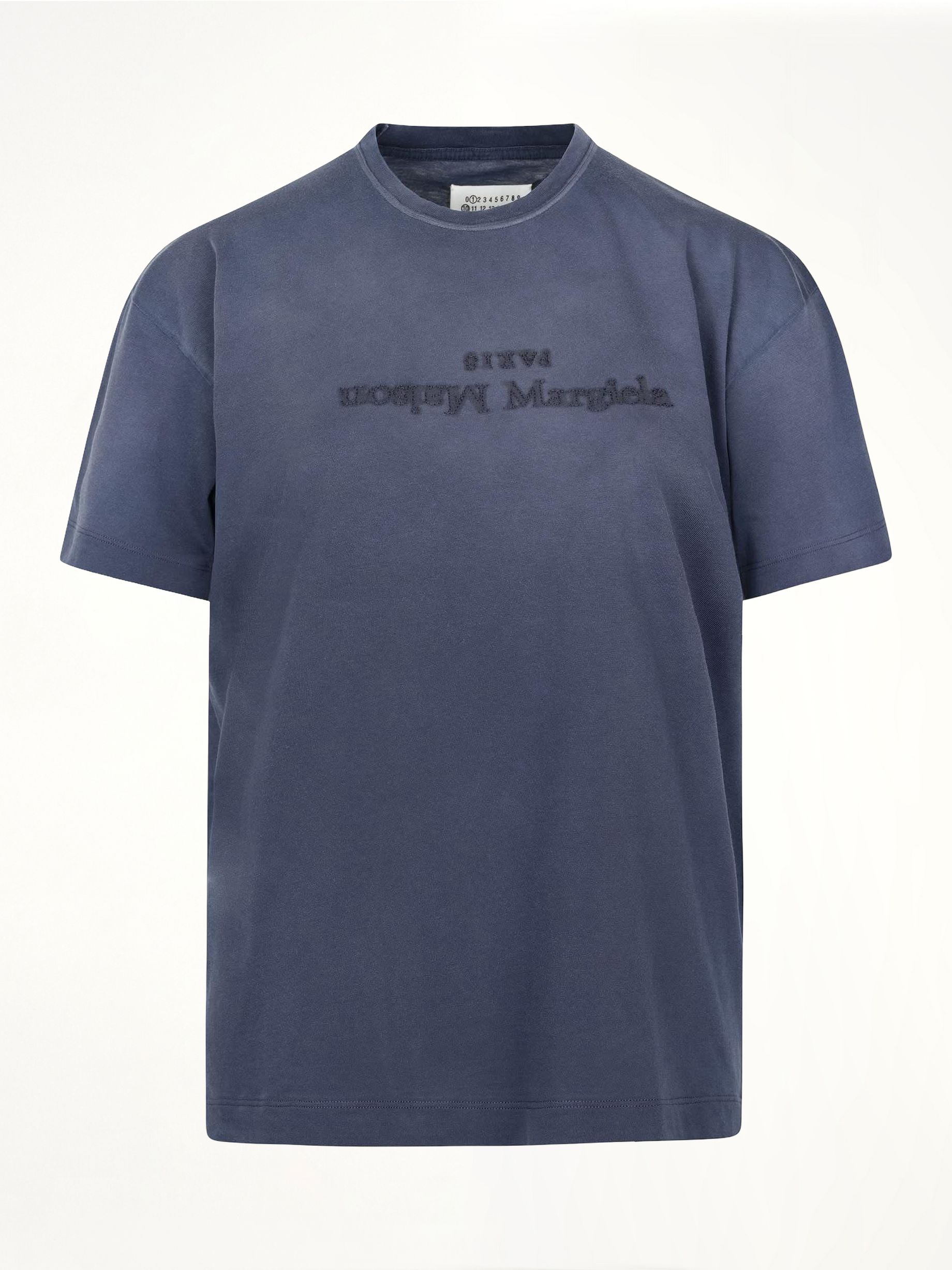 Image of a model wearing Tops. Productname: MAISON MARGIELA Cotton Jersey Logo T-Shirt in BLUE colour by brand - MAISON MARGIELA