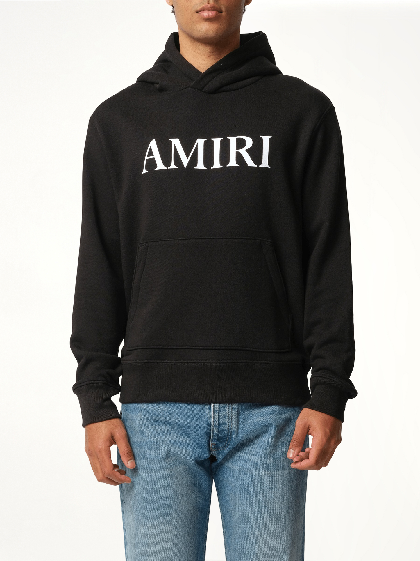 Image of a model wearing Outerwear. Productname: AMIRI Amiri Core Logo Hoodie in BLACK colour by brand - AMIRI