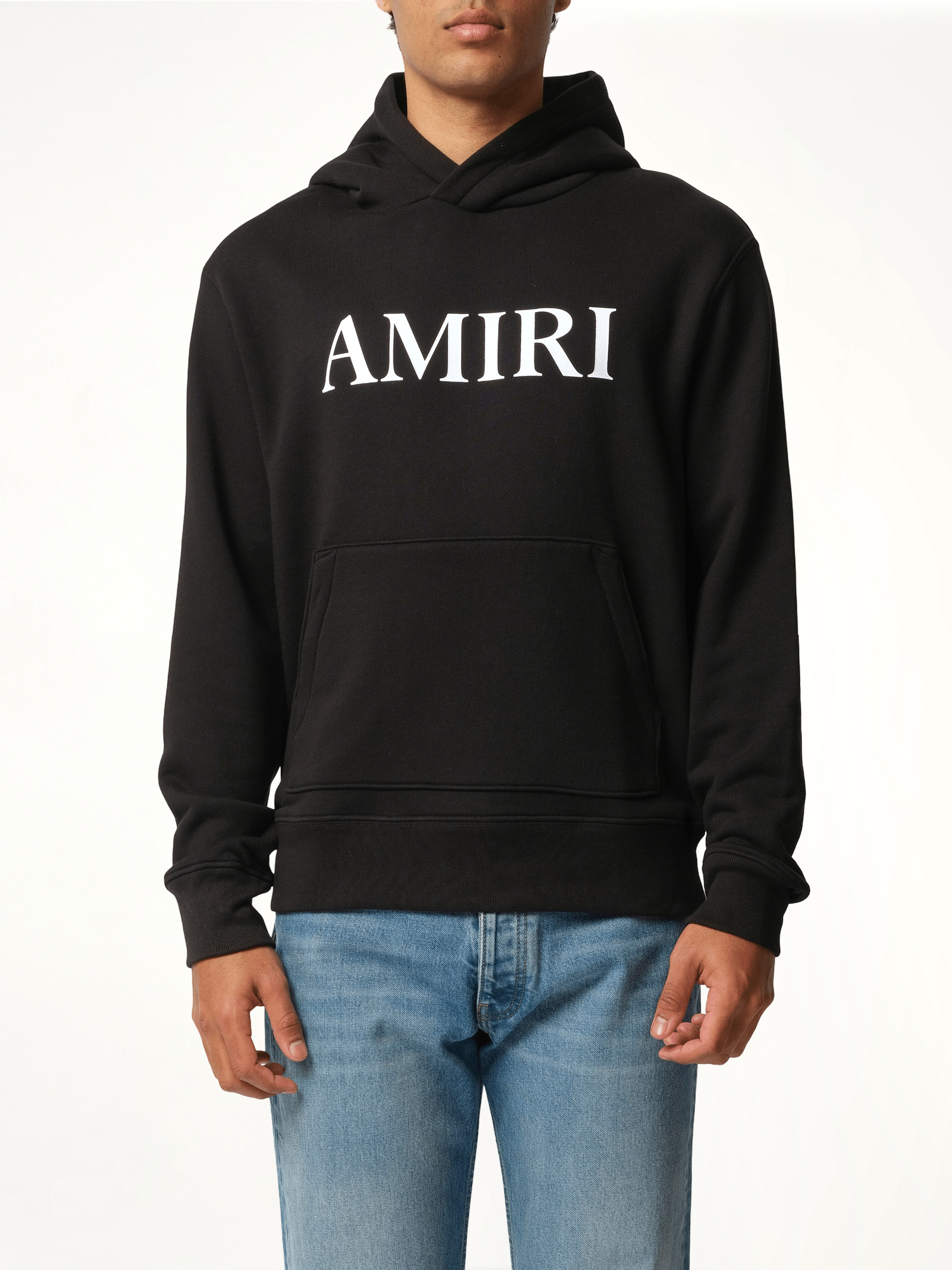 Image of a model wearing Outerwear. Productname: AMIRI Amiri Core Logo Hoodie in BLACK colour by brand - AMIRI