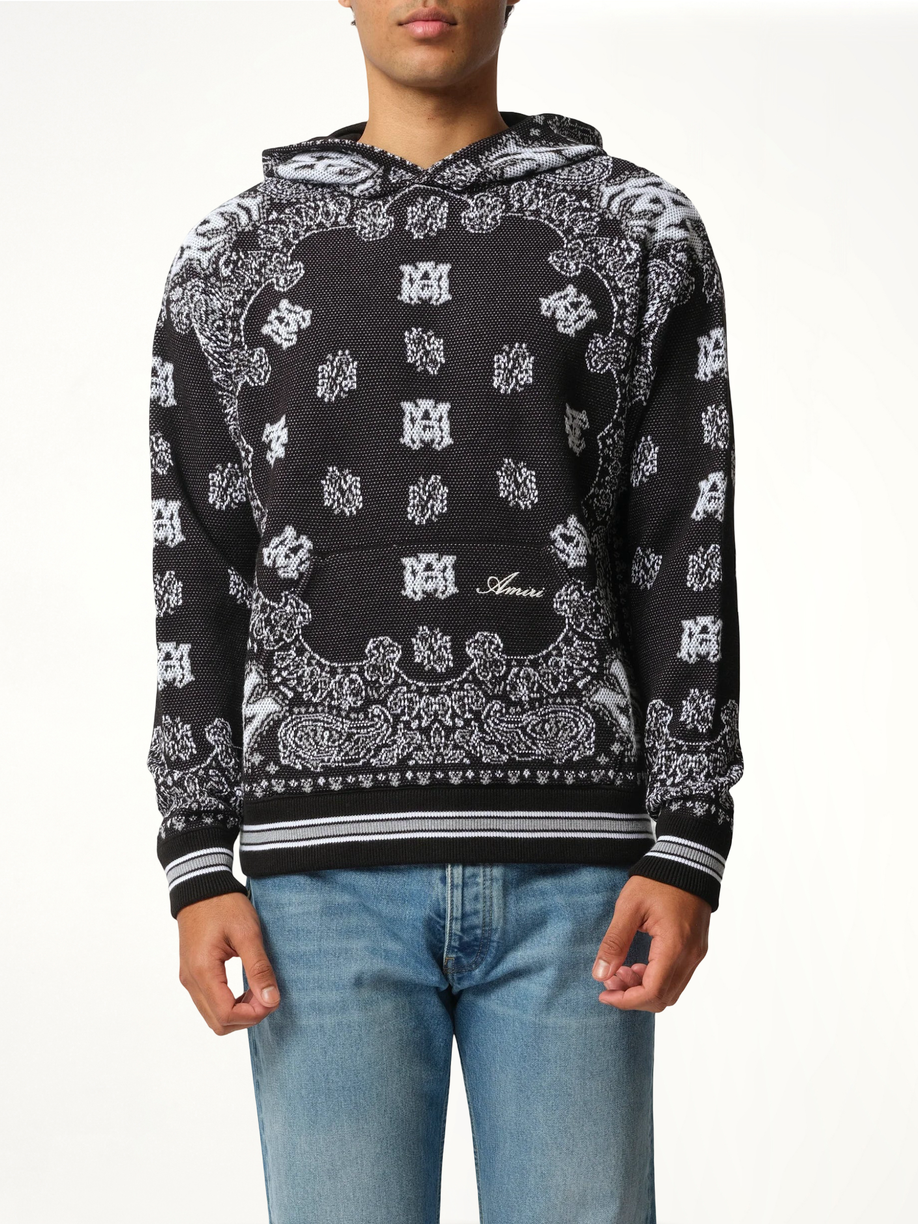Image of a model wearing Outerwear. Productname: AMIRI Bandana Hoodie in BLACK colour by brand - AMIRI