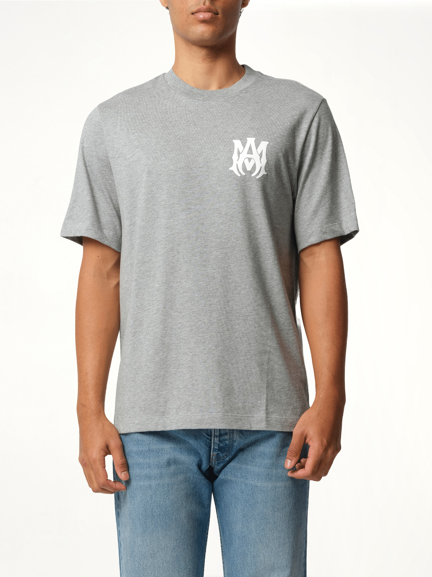 Image of a model wearing Tops. Productname: AMIRI MA Core Logo T-Shirt in GREY colour by brand - AMIRI