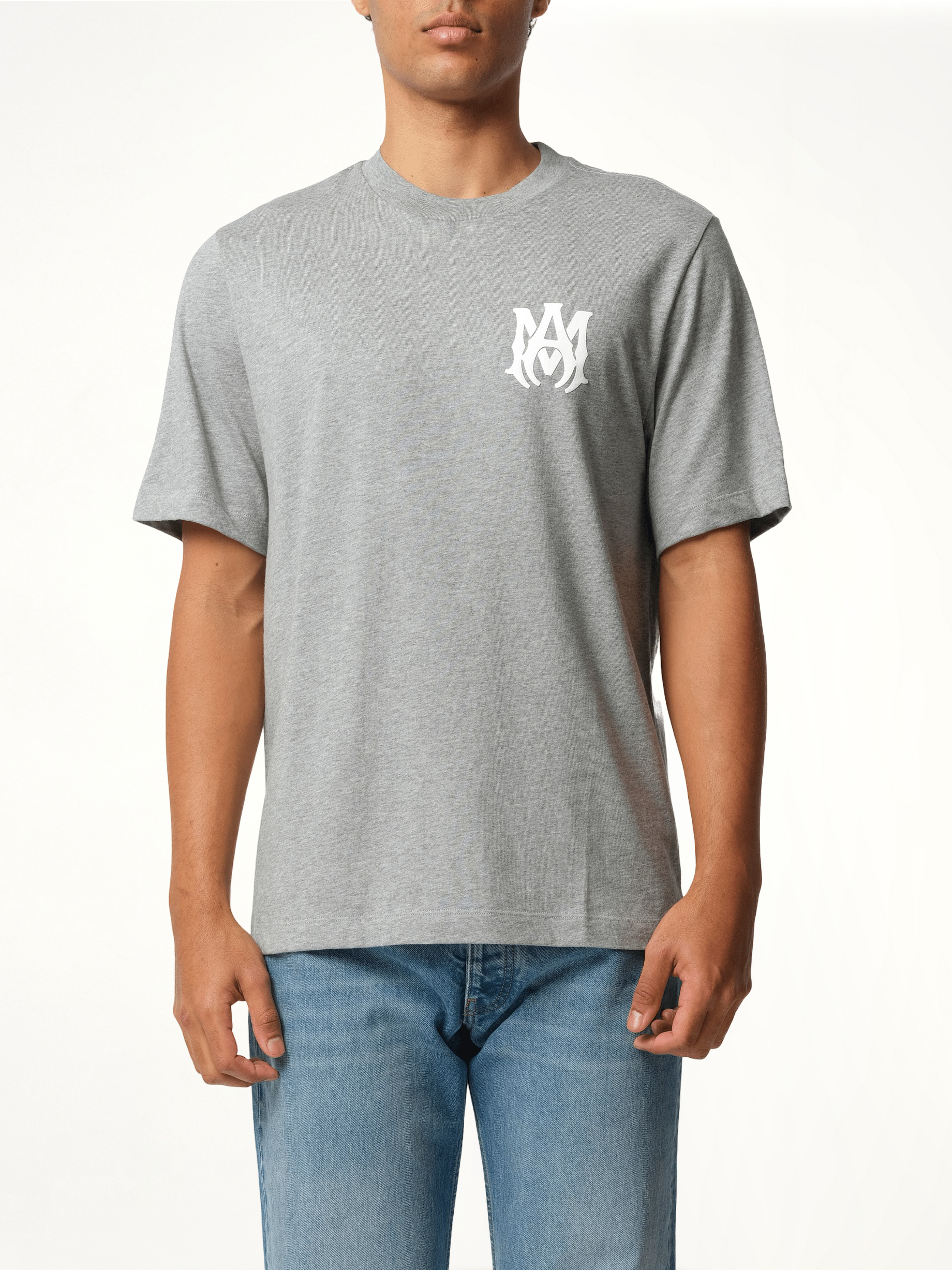 Image of a model wearing Tops. Productname: AMIRI MA Core Logo T-Shirt in GREY colour by brand - AMIRI