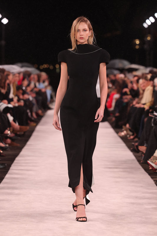 Image of Dresses. Product name - Black Crepe Tuxedo Midi Dress in Black colour by brand - Carla Zampatti