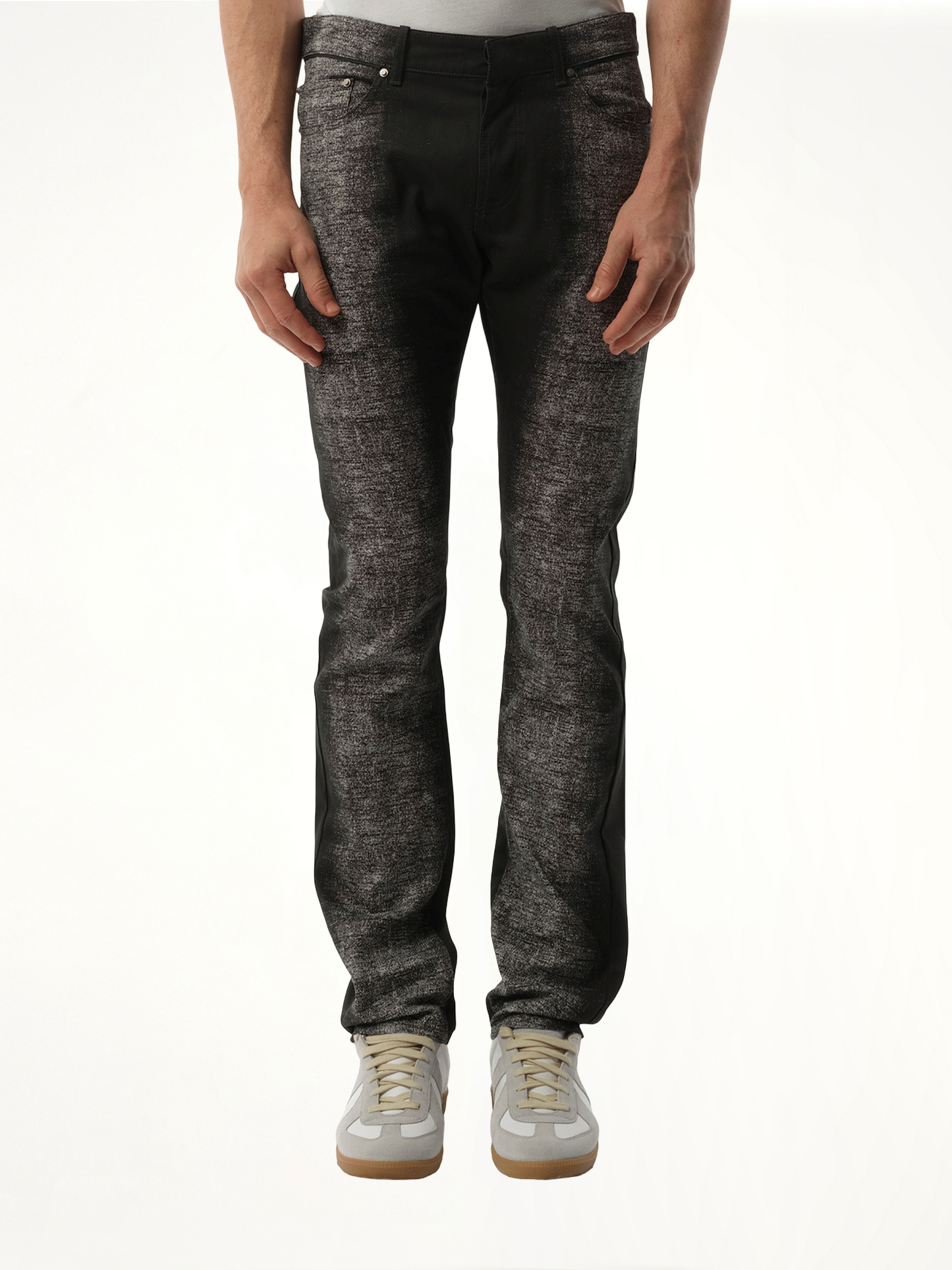 Image of a model wearing Denim. Productname: BALENCIAGA Denim Imprime Jeans in BLACK colour by brand - BALENCIAGA