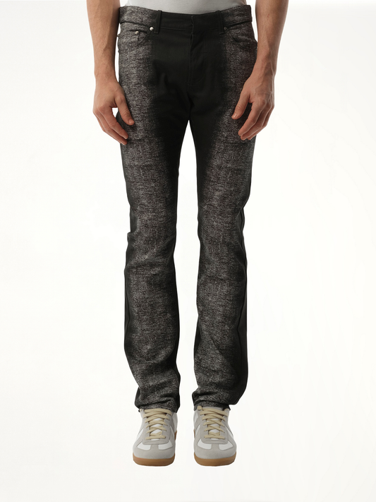 Image of a model wearing Denim. Productname: BALENCIAGA Denim Imprime Jeans in BLACK colour by brand - BALENCIAGA