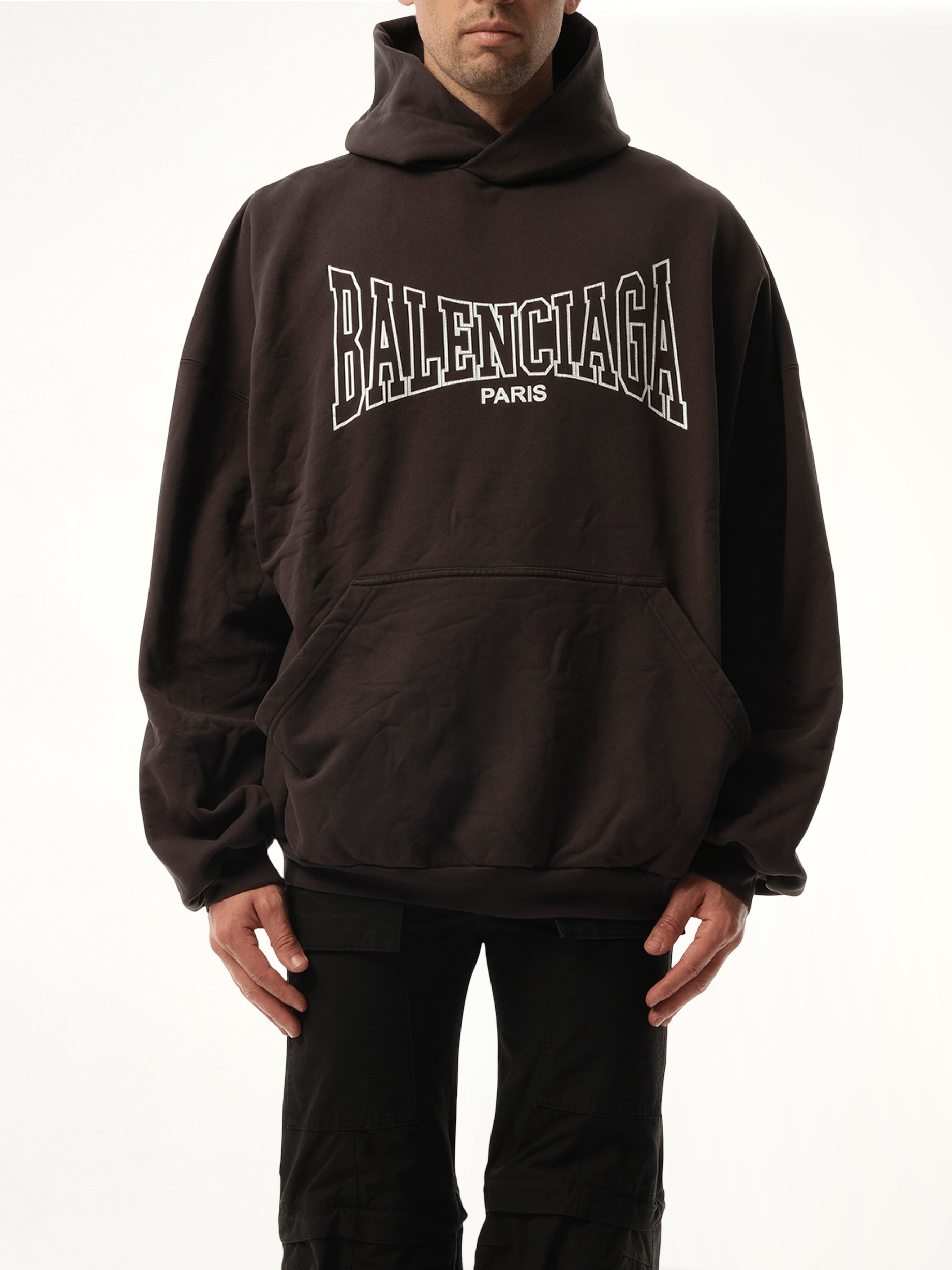 Image of a model wearing Outerwear. Productname: BALENCIAGA Balenciaga Boxing Large Fit Hoodie in BLACK colour by brand - BALENCIAGA