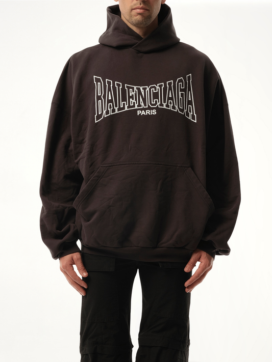Image of a model wearing Outerwear. Productname: BALENCIAGA Balenciaga Boxing Large Fit Hoodie in BLACK colour by brand - BALENCIAGA