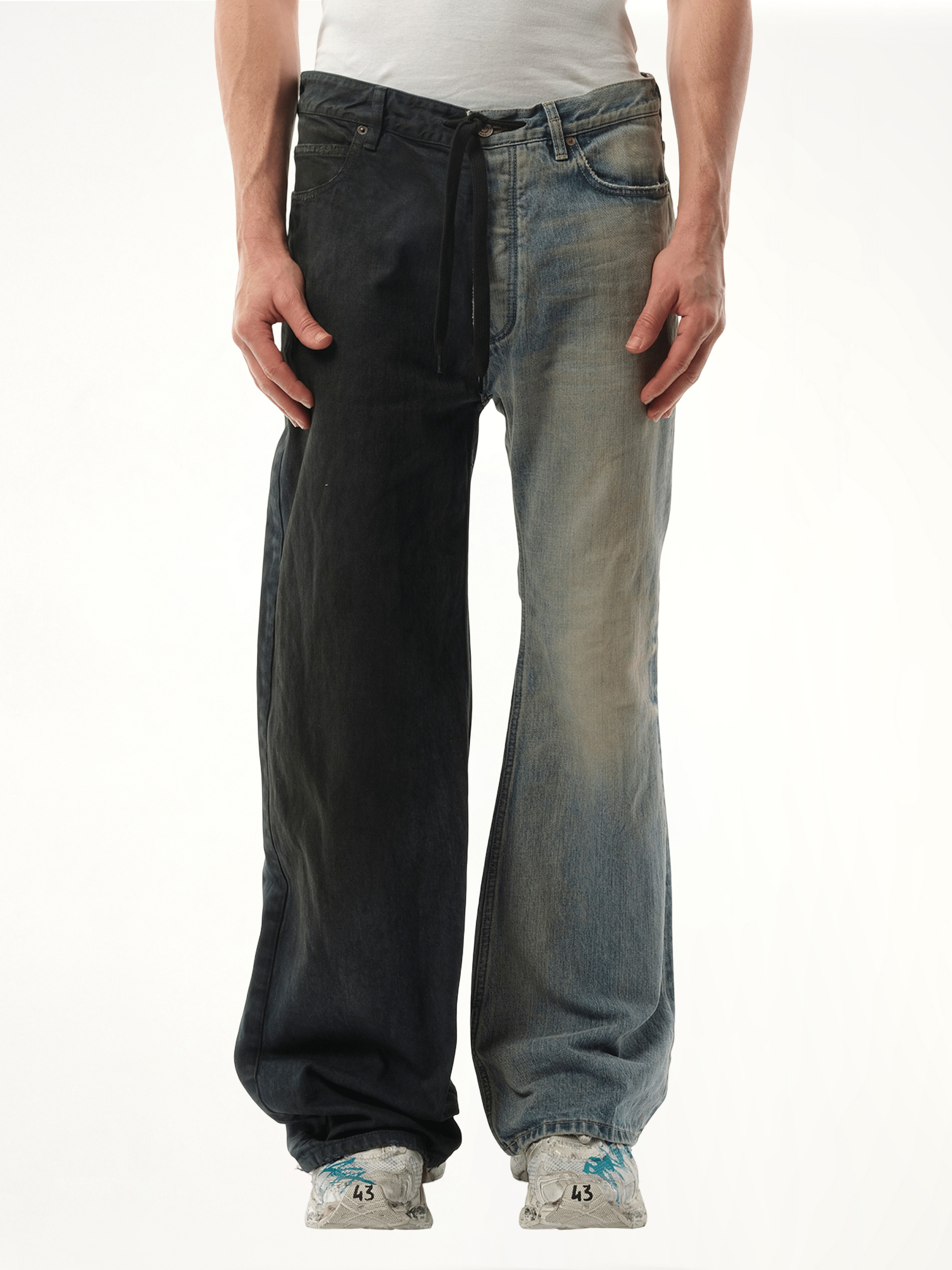 Image of a model wearing Denim. Productname: BALENCIAGA Fifty-Fifty Pants in GREY colour by brand - BALENCIAGA