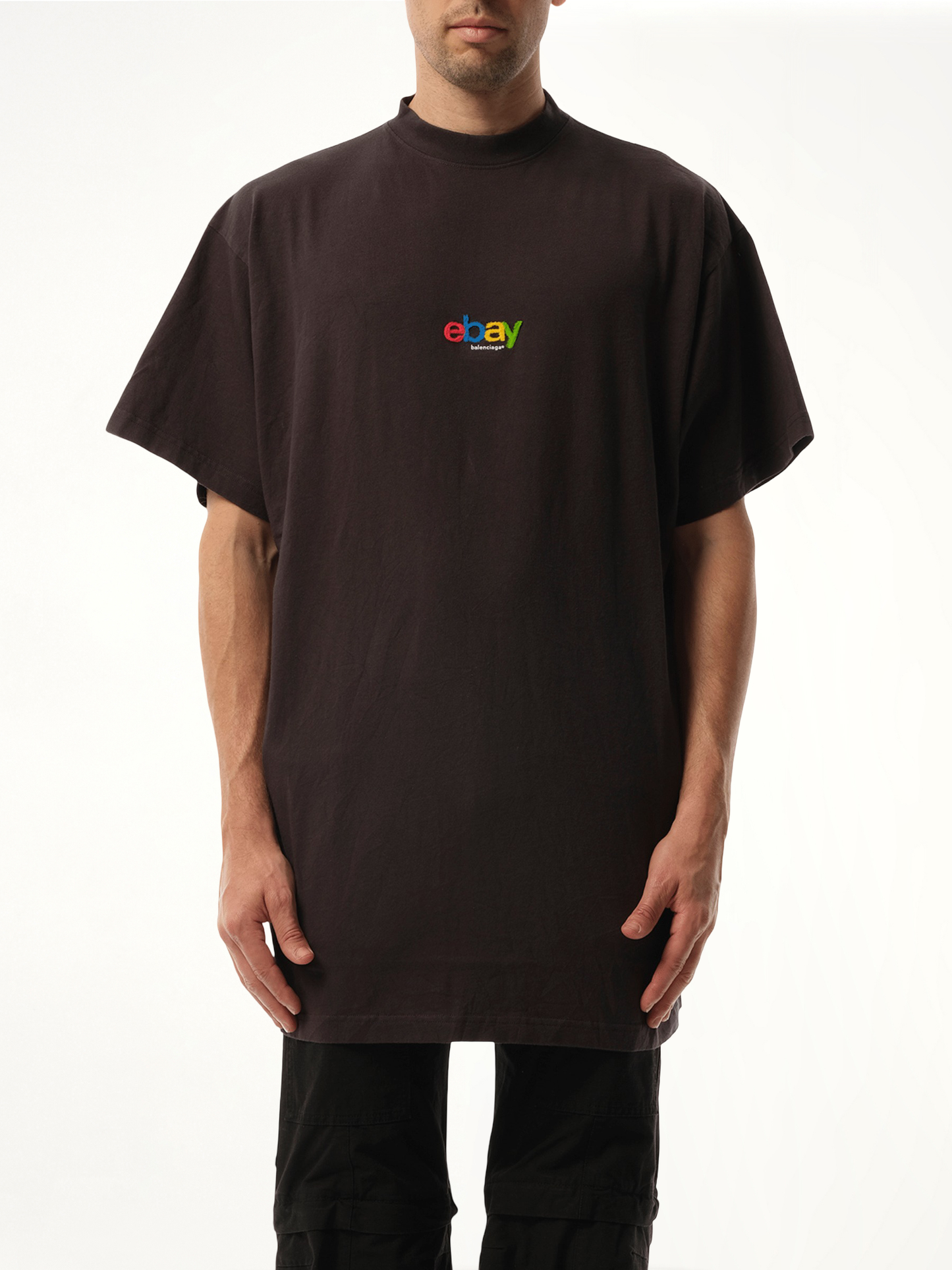 Image of a model wearing Tops. Productname: BALENCIAGA Ebay Oversized T-Shirt in Black colour by brand - BALENCIAGA