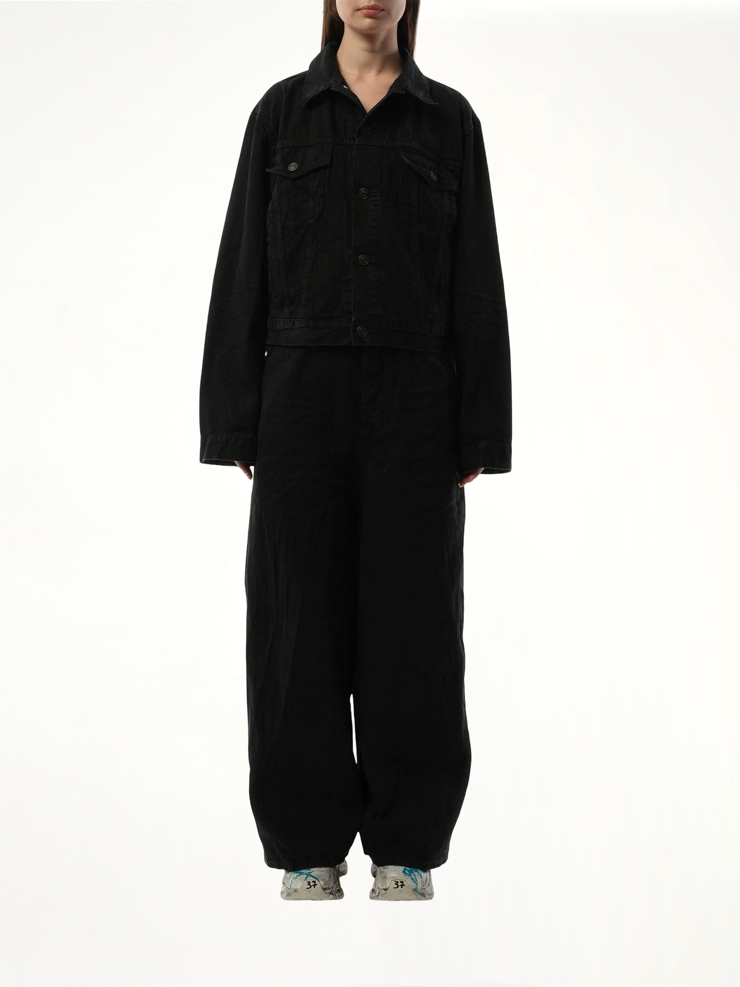BALENCIAGA Small Fit Logo Denim Jacket (Black)