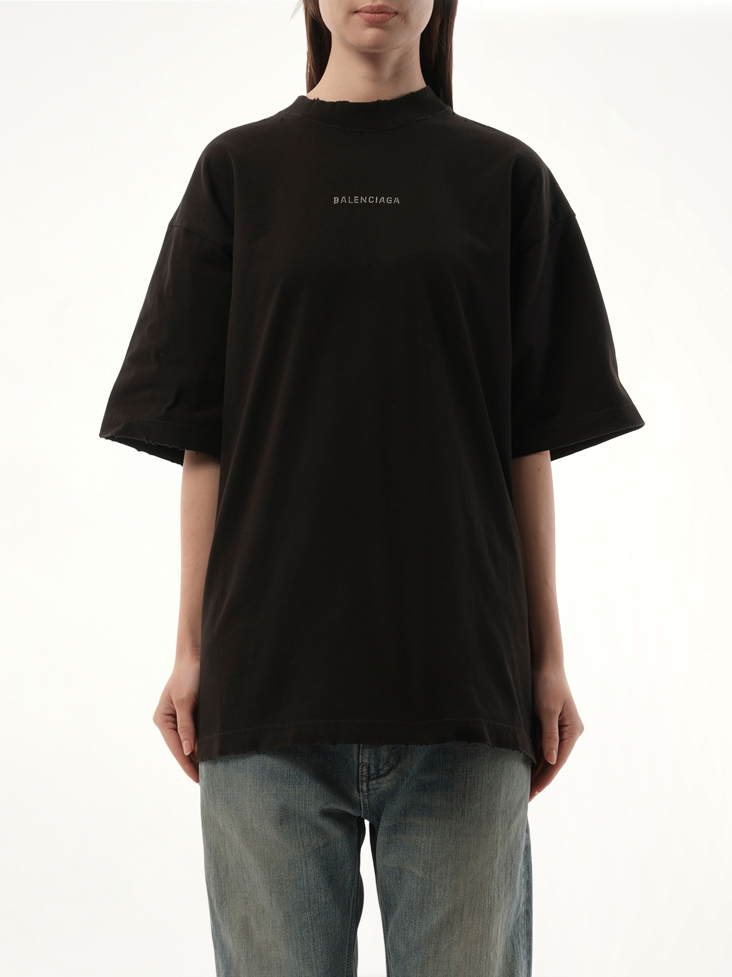 Image of a model wearing Tops. Productname: BALENCIAGA Back Strass Medium Fit T-Shirt in Black colour by brand - BALENCIAGA
