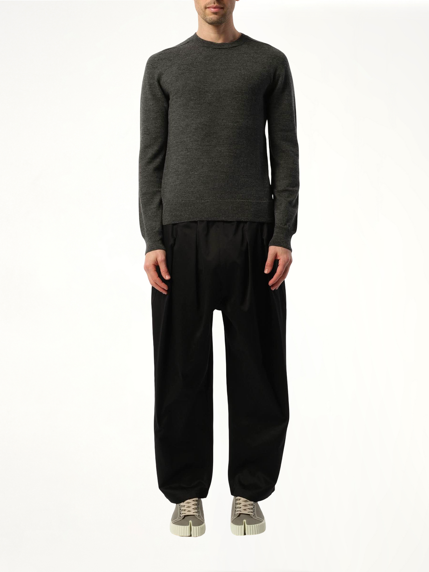 Image of a model wearing Outerwear. Product name - Elbow Patch Knit Sweater in Charcoal colour by brand - MAISON MARGIELA