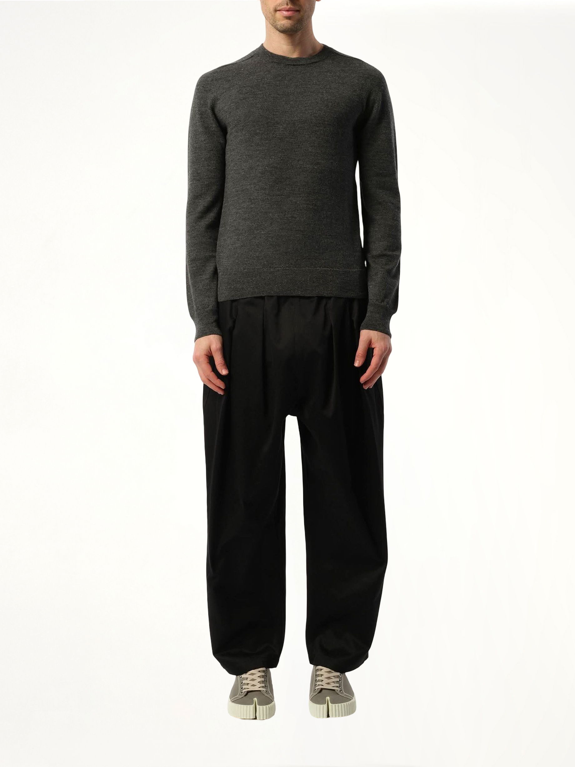 Image of a model wearing Outerwear. Product name - Elbow Patch Knit Sweater in Charcoal colour by brand - MAISON MARGIELA